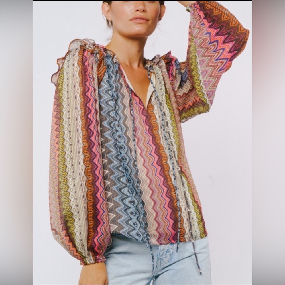 NWT CIEBON Zig Zag Sheer Multicolor Blouse Medium | Ruffle Puff Sleeve Boho Top